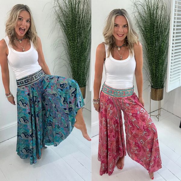 Ethnic Paisley Print Elastic Patchwork-Waist Lightweight Pants