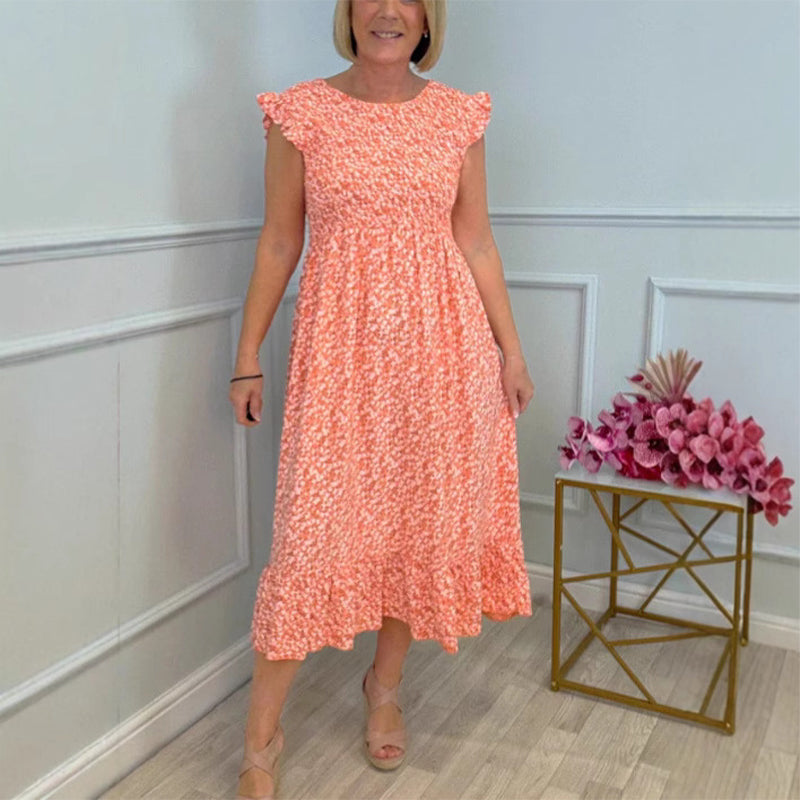 🎉🛍️Hot Promotion 68% OFF💃Women's Elegant Floral Print High-Waisted Ruffle Cap Sleeve Dress