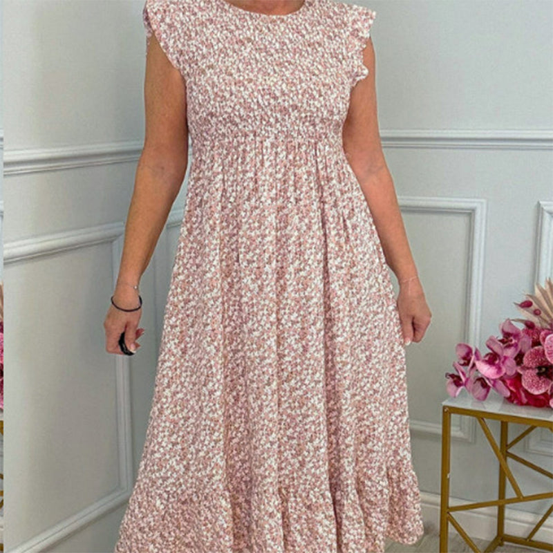 🎉🛍️Hot Promotion 68% OFF💃Women's Elegant Floral Print High-Waisted Ruffle Cap Sleeve Dress