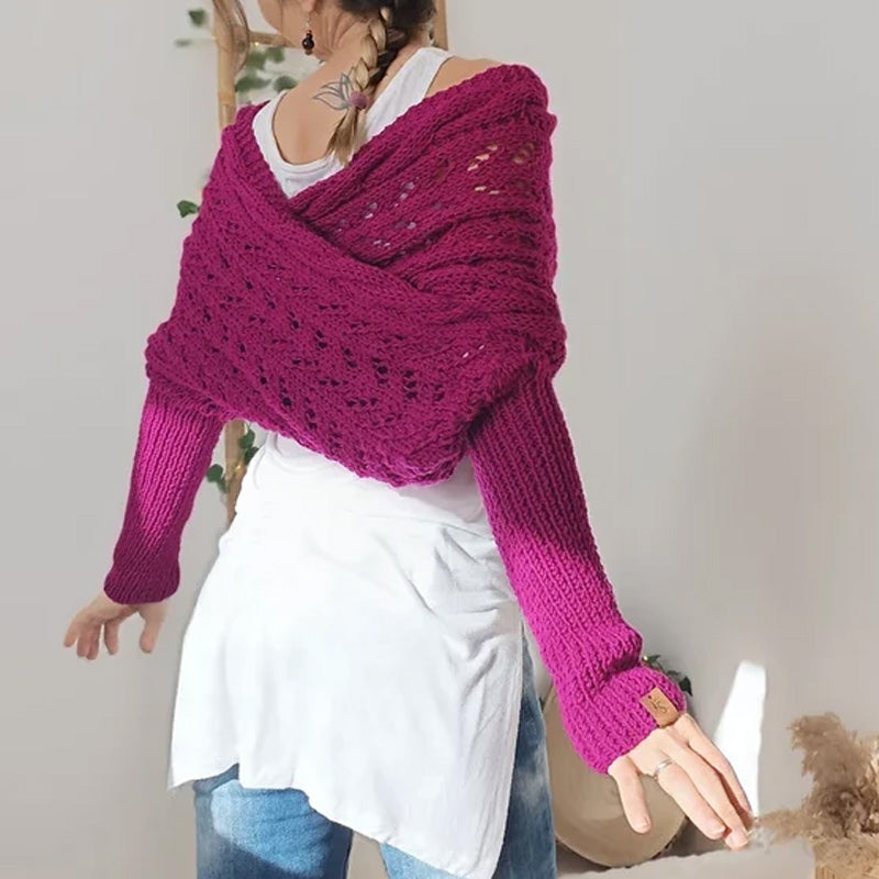 Women’s Cut-out Knitted Shawl with Double Sleeves