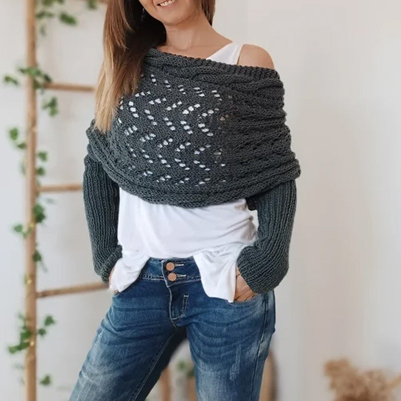 Women’s Cut-out Knitted Shawl with Double Sleeves