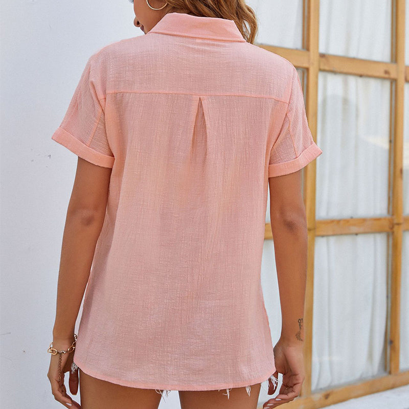 Women's Trendy Short Sleeve Loose Fit Shirt with Pocket