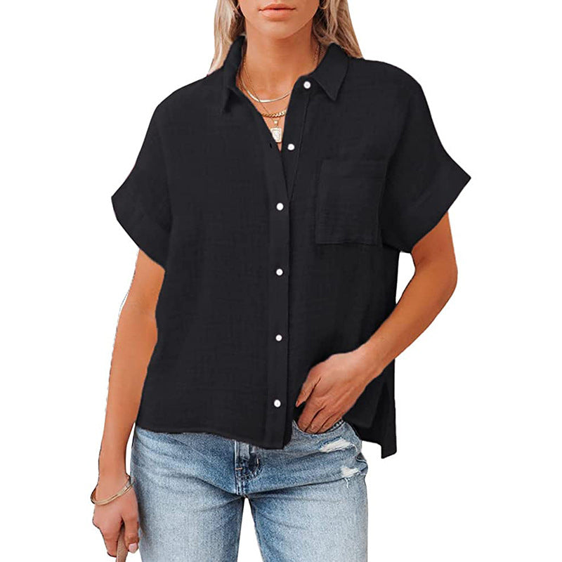 Women's Trendy Short Sleeve Loose Fit Shirt with Pocket