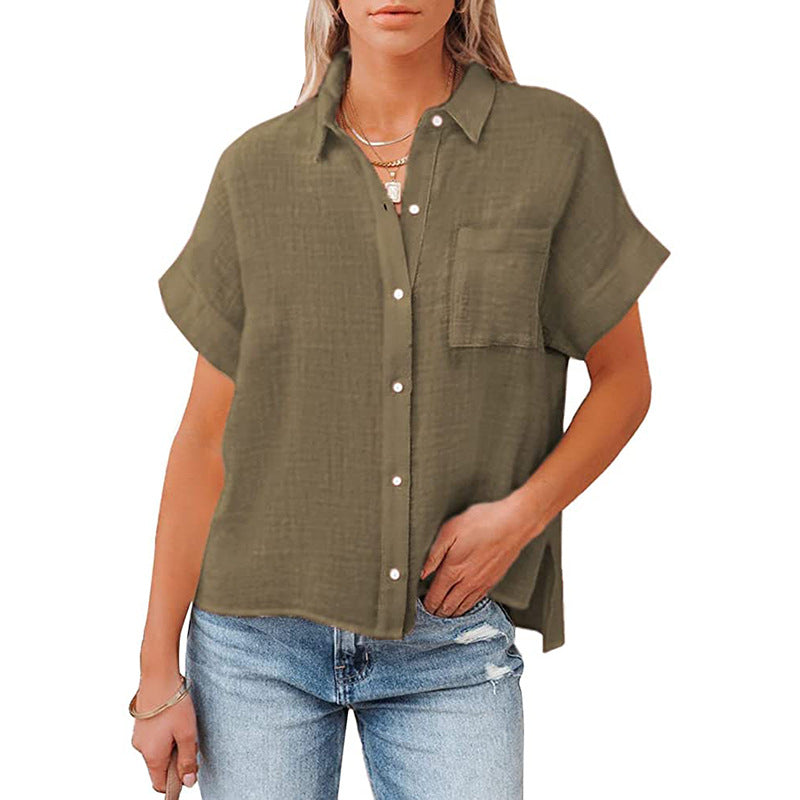 Women's Trendy Short Sleeve Loose Fit Shirt with Pocket