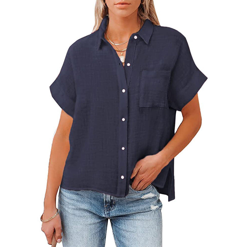 Women's Trendy Short Sleeve Loose Fit Shirt with Pocket