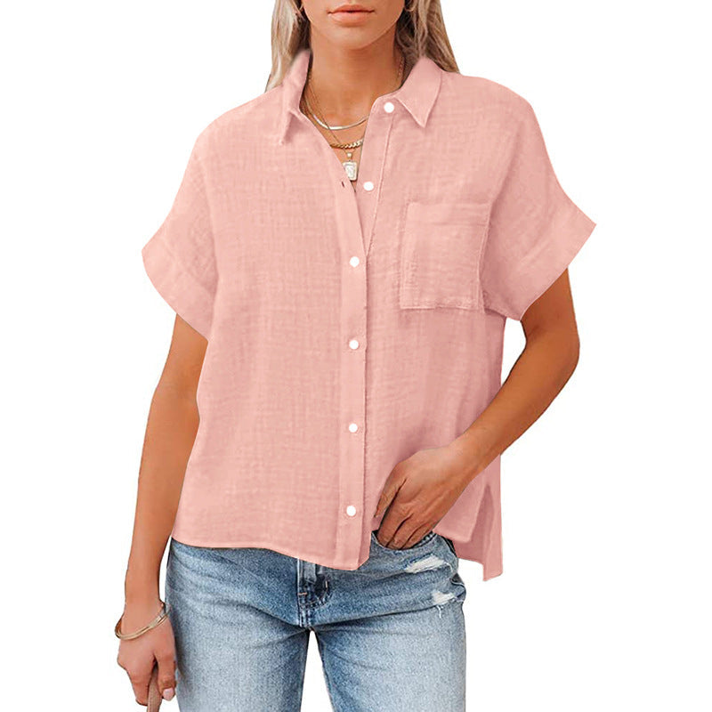 Women's Trendy Short Sleeve Loose Fit Shirt with Pocket