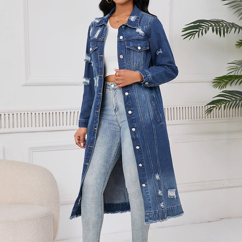 Women's Ripped Holes Long Denim Jacket