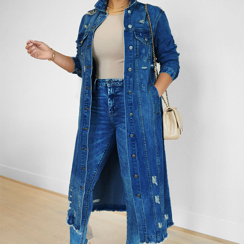Women's Ripped Holes Long Denim Jacket