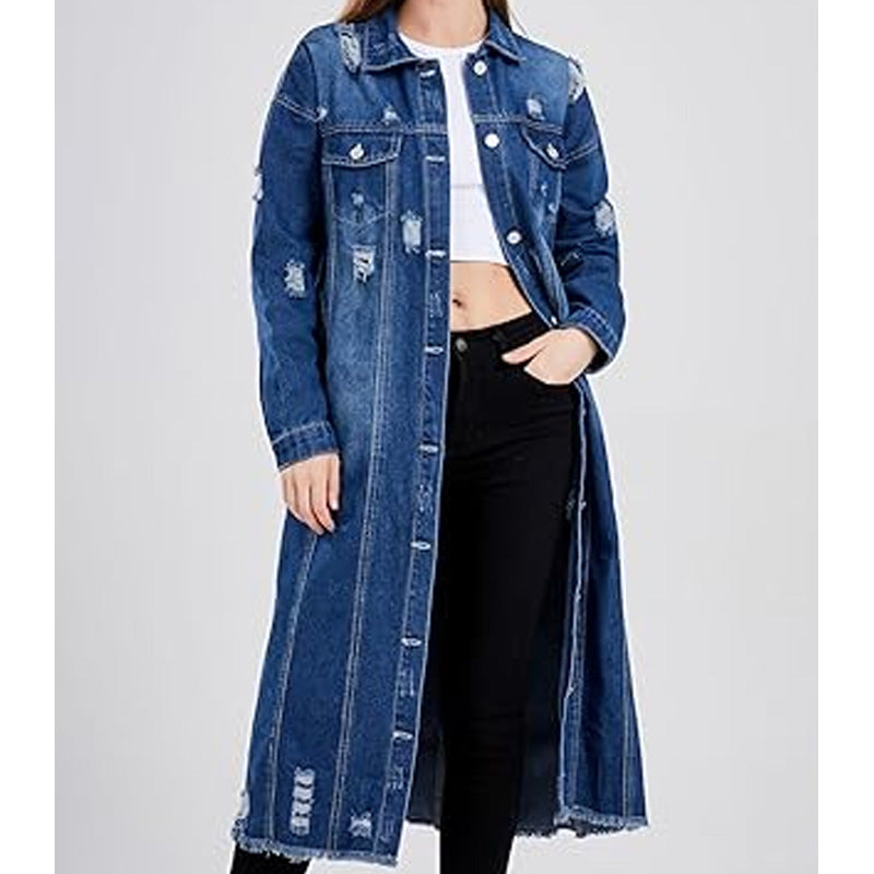 Women's Ripped Holes Long Denim Jacket