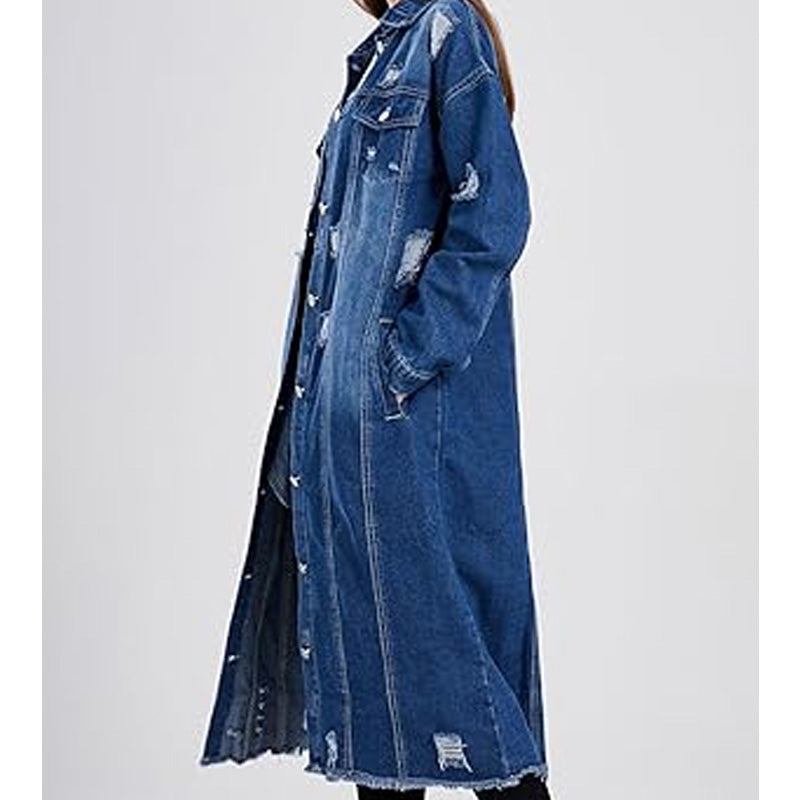 Women's Ripped Holes Long Denim Jacket