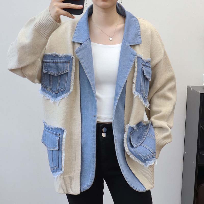 Women’s Patchwork Denim Lapel Cardigan
