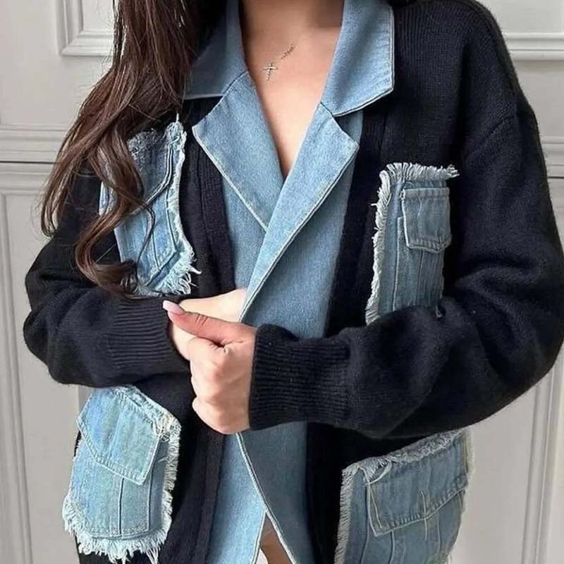 Women’s Patchwork Denim Lapel Cardigan