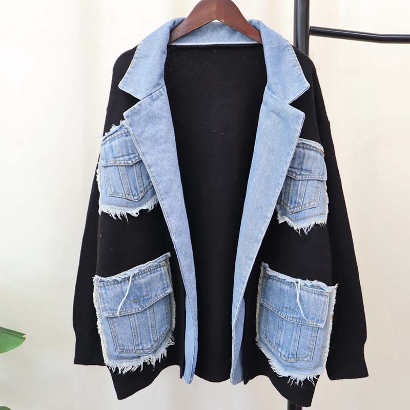 Women’s Patchwork Denim Lapel Cardigan