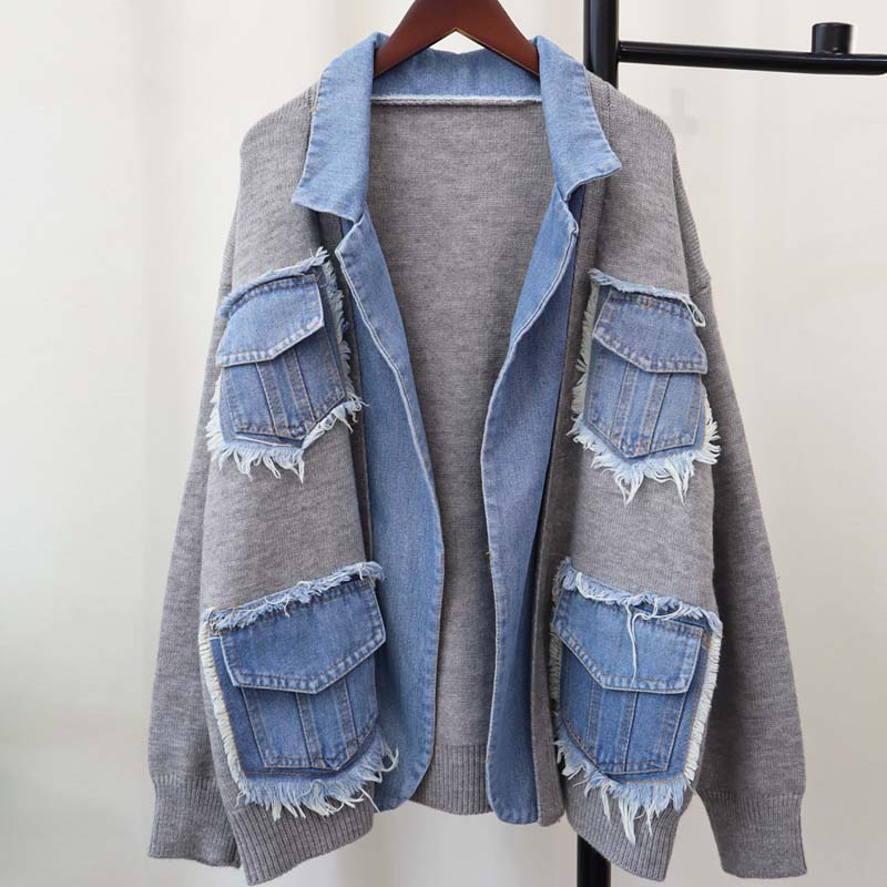 Women’s Patchwork Denim Lapel Cardigan