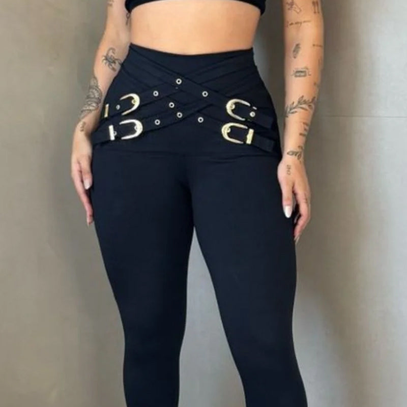 High-Waist Elastic Skinny Pants with Metal Belt Detail