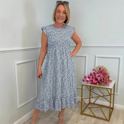 🎉🛍️Hot Promotion 68% OFF💃Women's Elegant Floral Print High-Waisted Ruffle Cap Sleeve Dress
