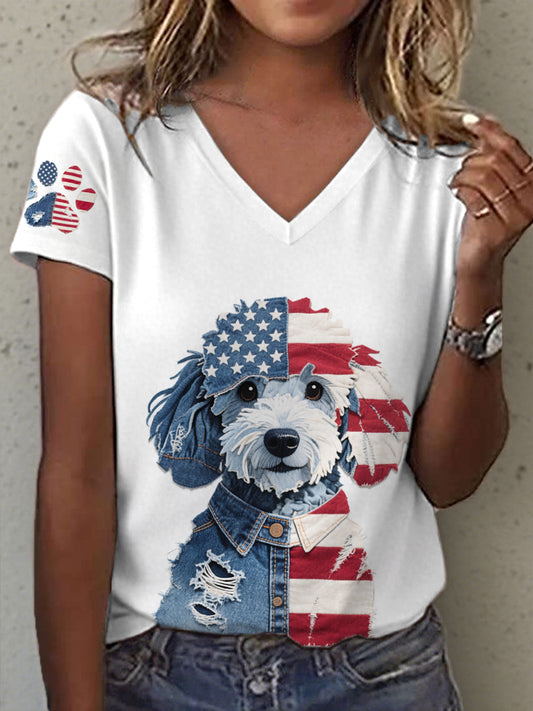 Women's Independence Day Dog Pattern Patchwork Art V-Neck T-Shirt