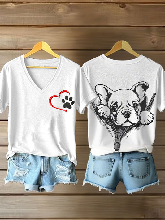 Women's zippered dog print V-neck T-shirts