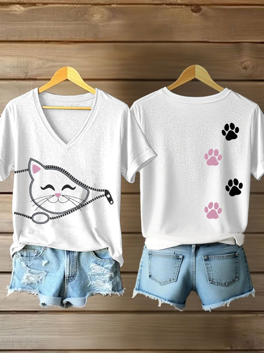 Women's zippered cat print V-neck T-shirts