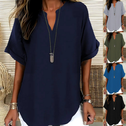 👚 54% DE RÉDUCTION! 🔥 Top Ample à Manches Courtes Tendance – Col en V Cranté, Ourlet Asymétrique & Tissu Léger (5 Couleurs, S–2XL) 🌸