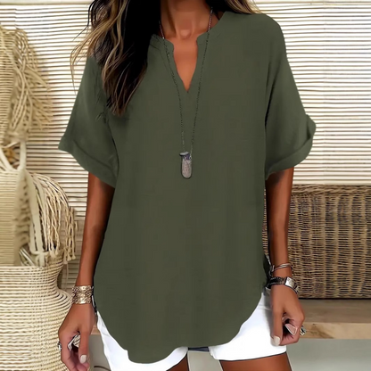 👚 54% DE RÉDUCTION! 🔥 Top Ample à Manches Courtes Tendance – Col en V Cranté, Ourlet Asymétrique & Tissu Léger (5 Couleurs, S–2XL) 🌸