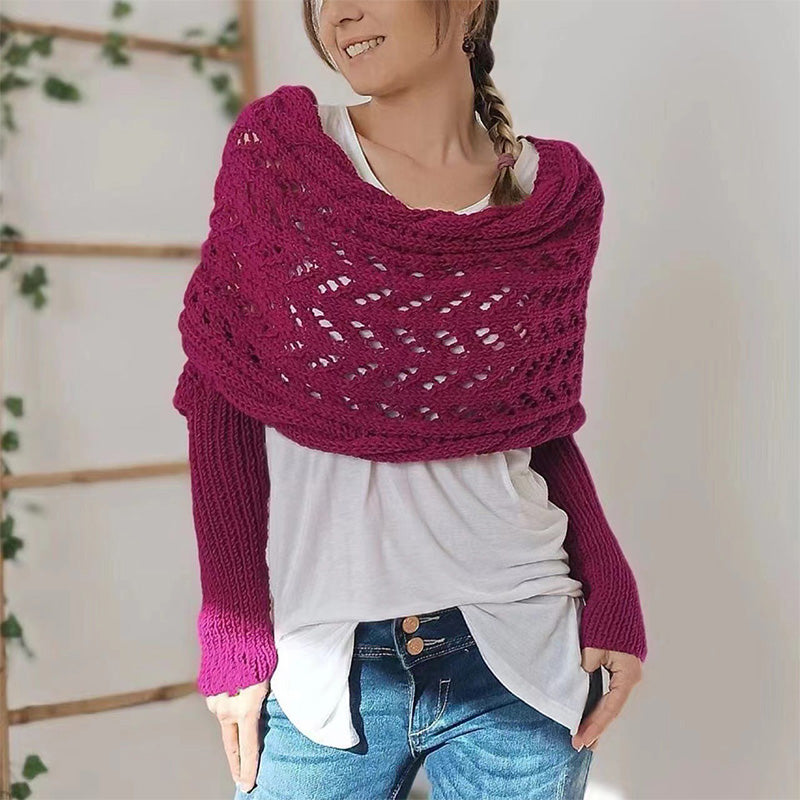 Women’s Cut-out Knitted Shawl with Double Sleeves