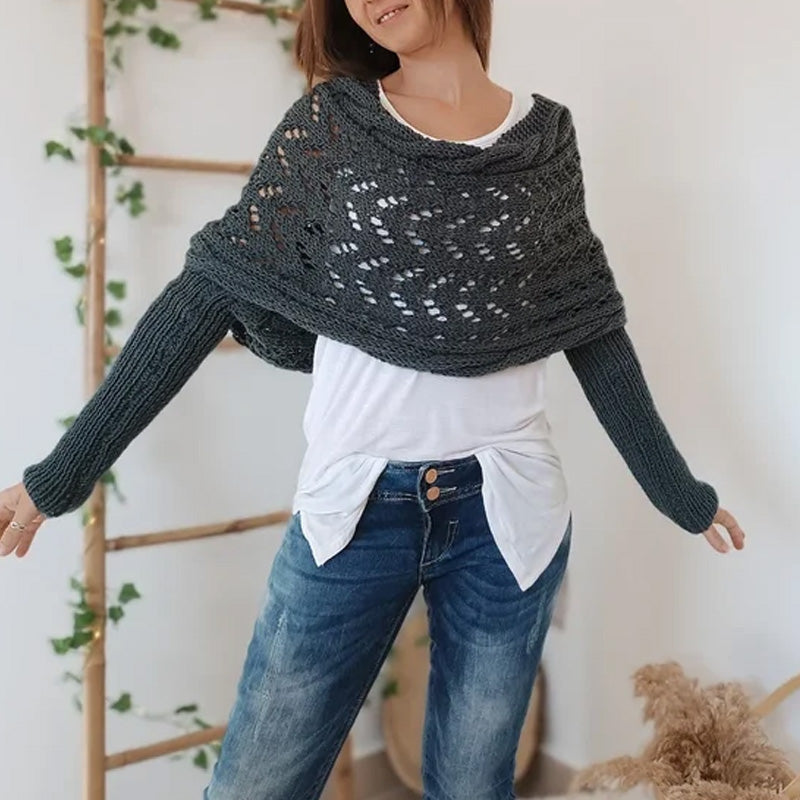 Women’s Cut-out Knitted Shawl with Double Sleeves