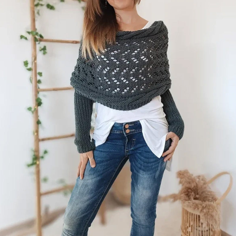 Women’s Cut-out Knitted Shawl with Double Sleeves
