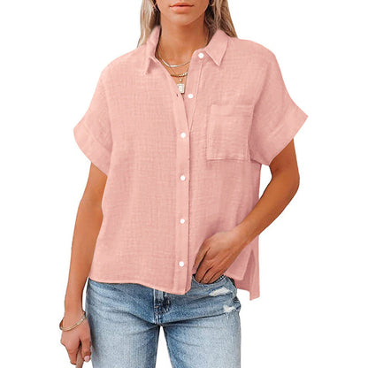 Women's Trendy Short Sleeve Loose Fit Shirt with Pocket
