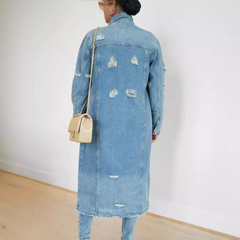 Women's Ripped Holes Long Denim Jacket