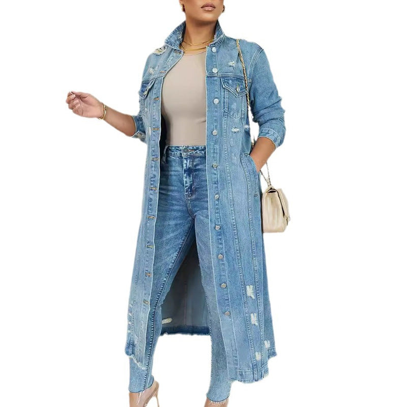 Women's Ripped Holes Long Denim Jacket