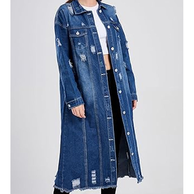 Women's Ripped Holes Long Denim Jacket