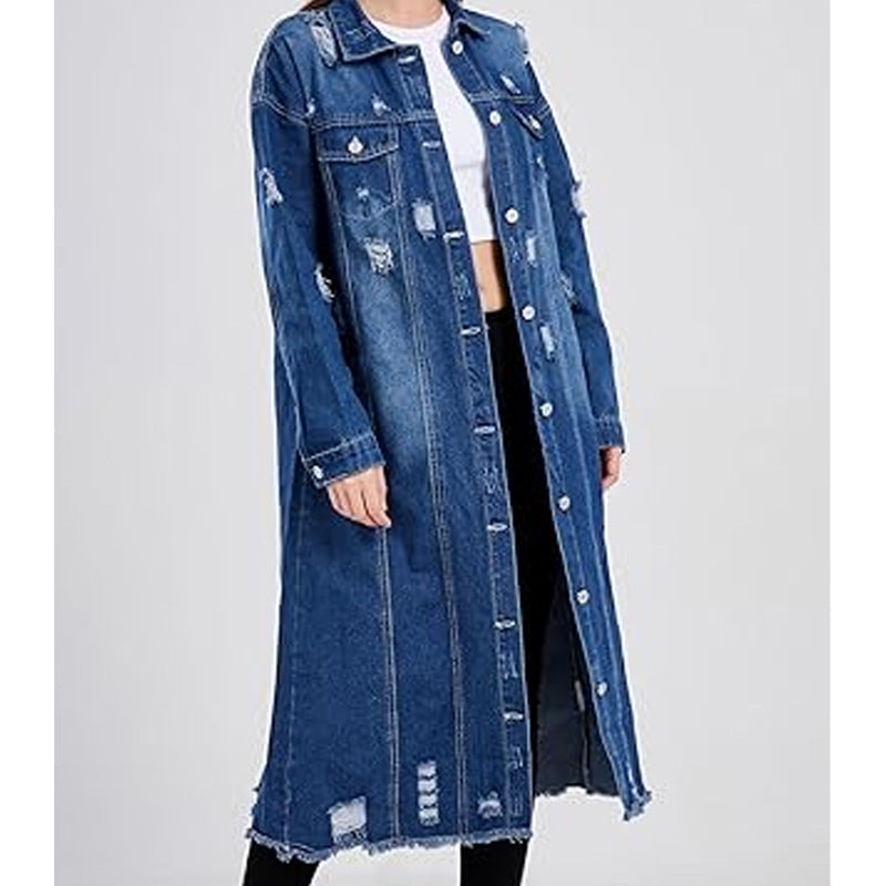 Women's Ripped Holes Long Denim Jacket