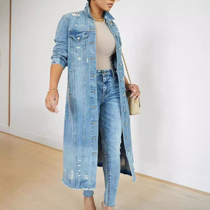 Women's Ripped Holes Long Denim Jacket