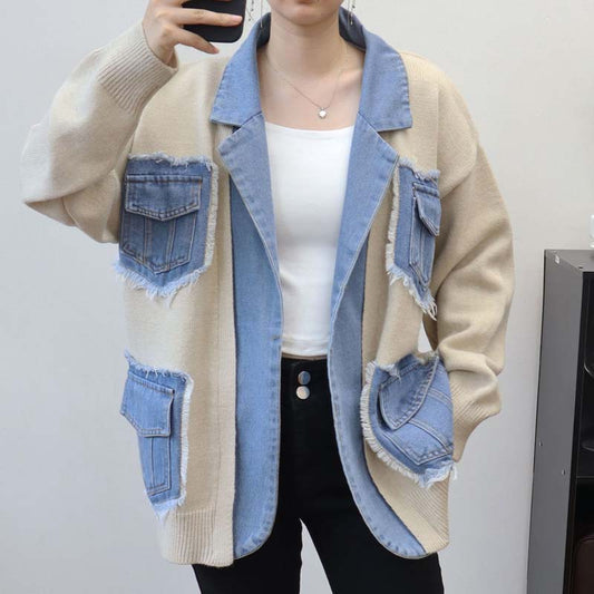 Women’s Patchwork Denim Lapel Cardigan