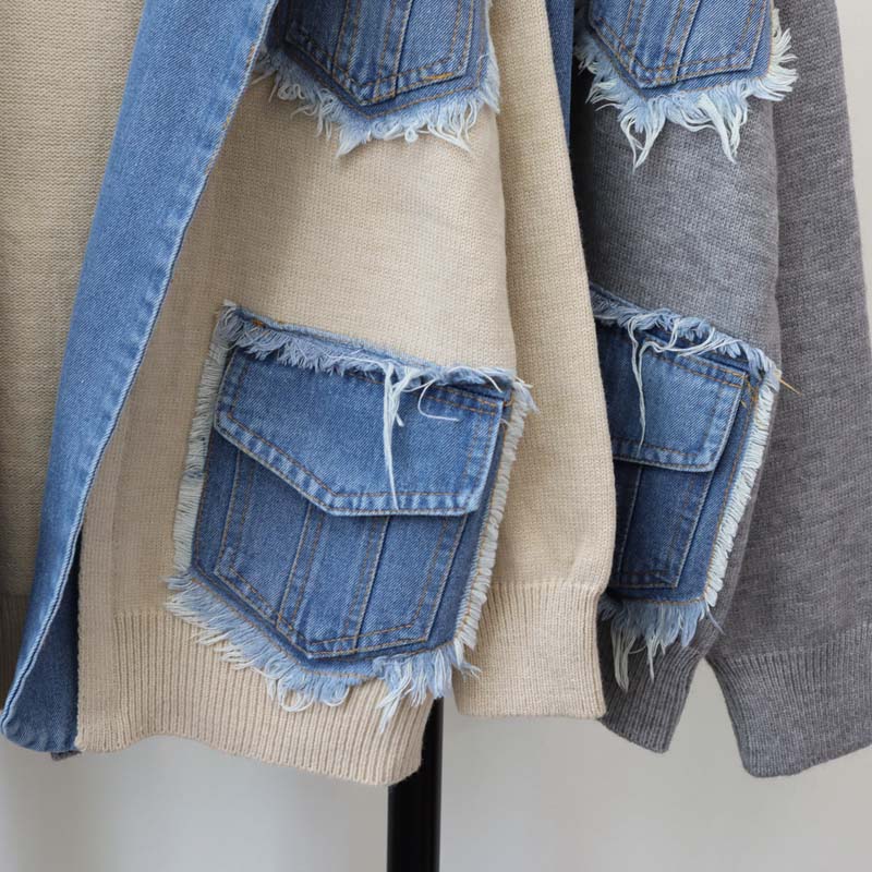 Women’s Patchwork Denim Lapel Cardigan