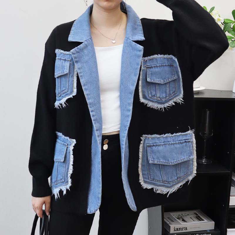 Women’s Patchwork Denim Lapel Cardigan