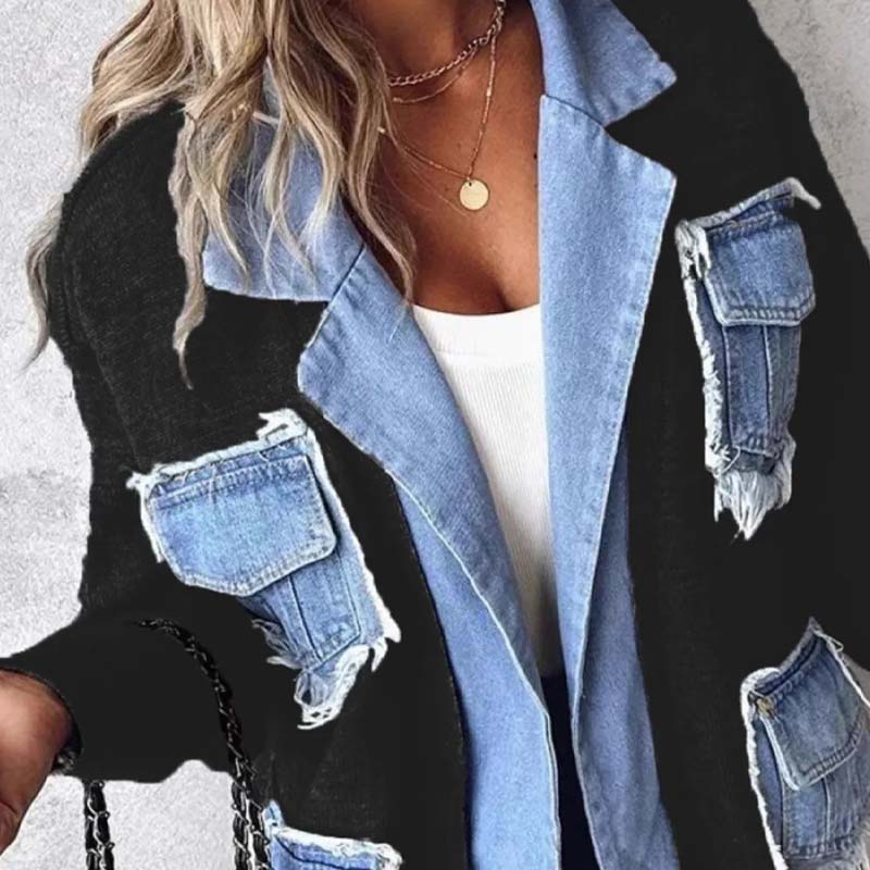 Women’s Patchwork Denim Lapel Cardigan