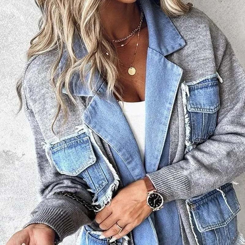 Women’s Patchwork Denim Lapel Cardigan