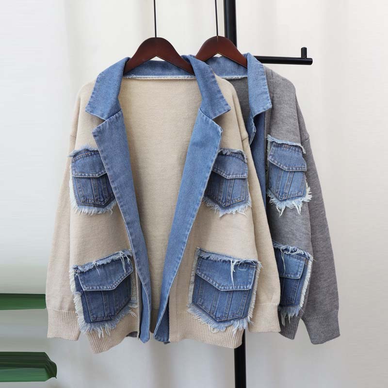 Women’s Patchwork Denim Lapel Cardigan
