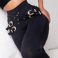 High-Waist Elastic Skinny Pants with Metal Belt Detail