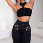 High-Waist Elastic Skinny Pants with Metal Belt Detail