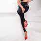 High-Waist Elastic Skinny Pants with Metal Belt Detail