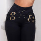 High-Waist Elastic Skinny Pants with Metal Belt Detail