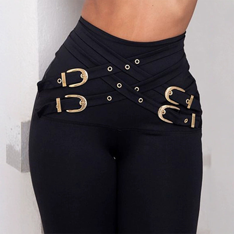 High-Waist Elastic Skinny Pants with Metal Belt Detail