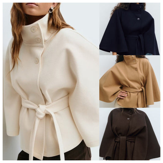 🍁Autumn Special-Sale 50% off - Women's Stand Collar Shawl Coat (with Belt)🧶Chic, Comfortable & Made for Every Occasion