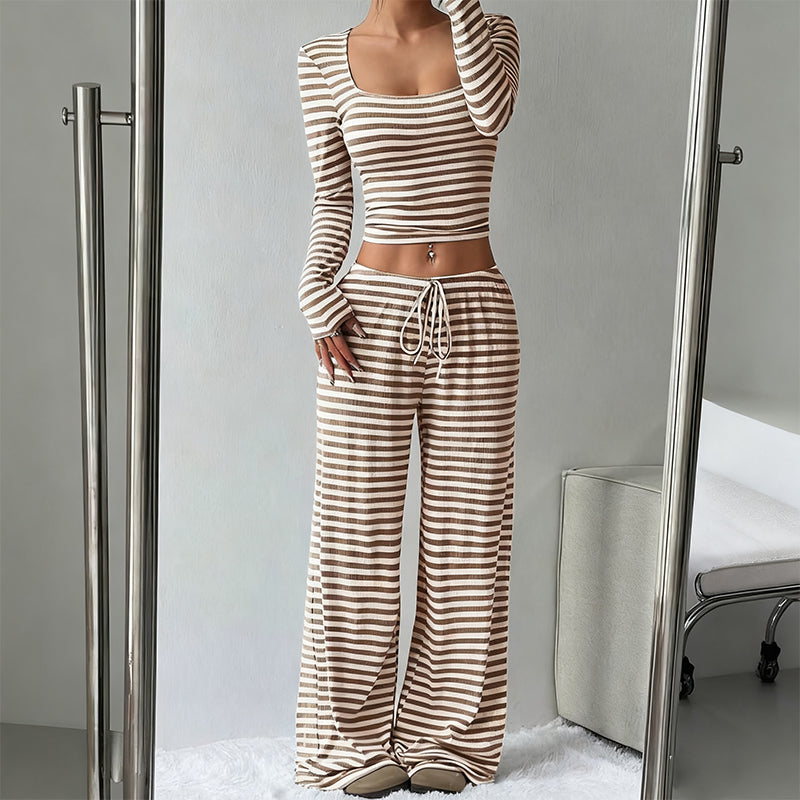 Striped Knit Slim Fit Top & Wide-Leg Pants Set