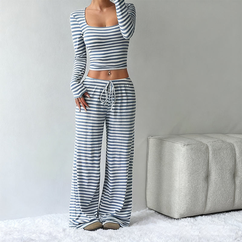 Striped Knit Slim Fit Top & Wide-Leg Pants Set