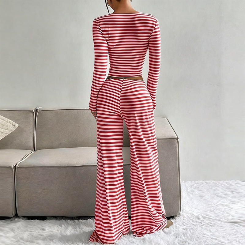 Striped Knit Slim Fit Top & Wide-Leg Pants Set