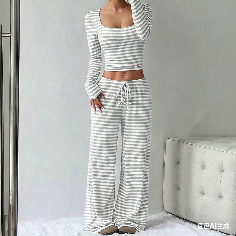 Striped Knit Slim Fit Top & Wide-Leg Pants Set